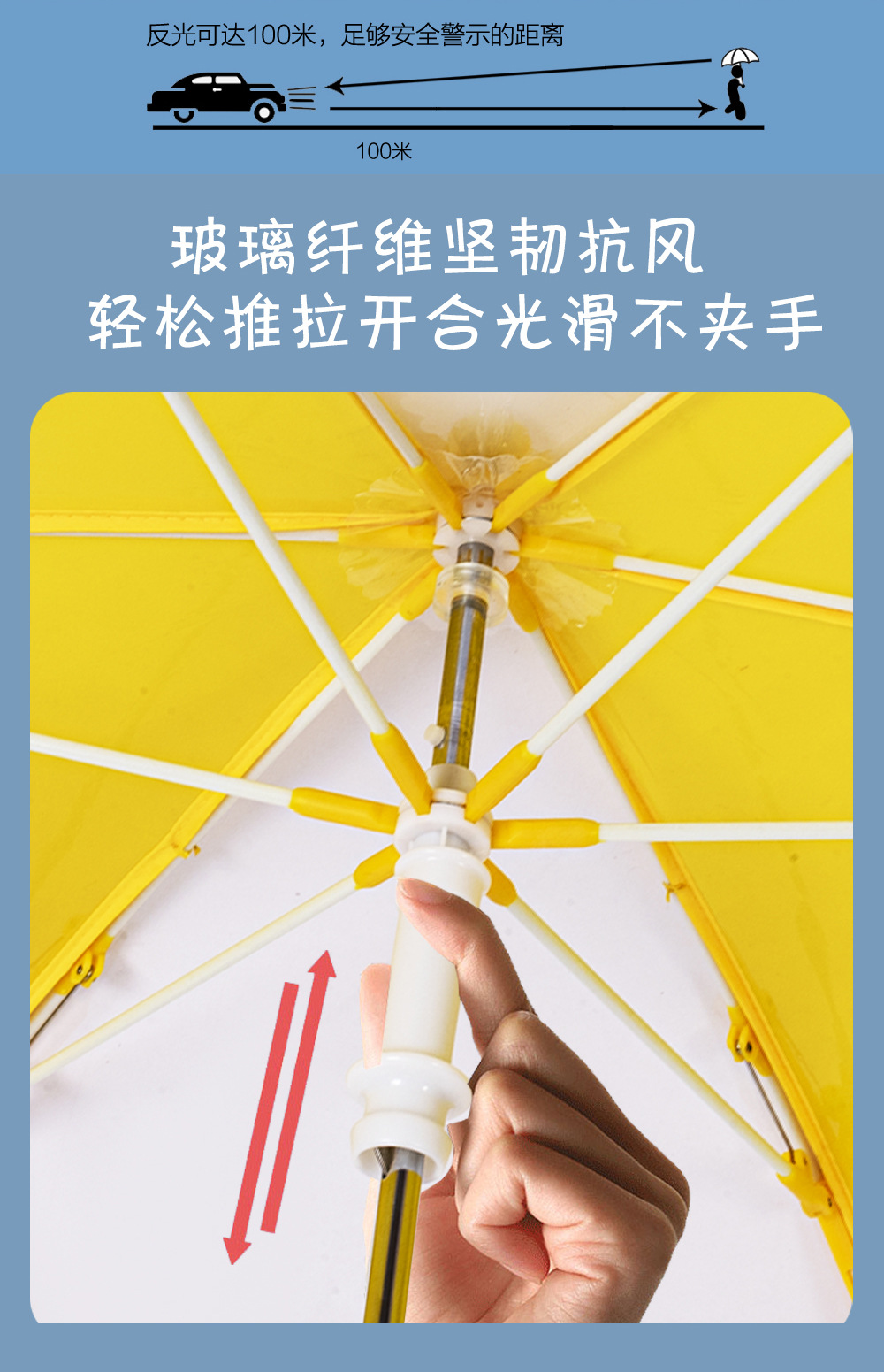 日韩儿童伞透明圆通带反光条雨伞手动推拉黄色伞架3D炫彩图案详情6