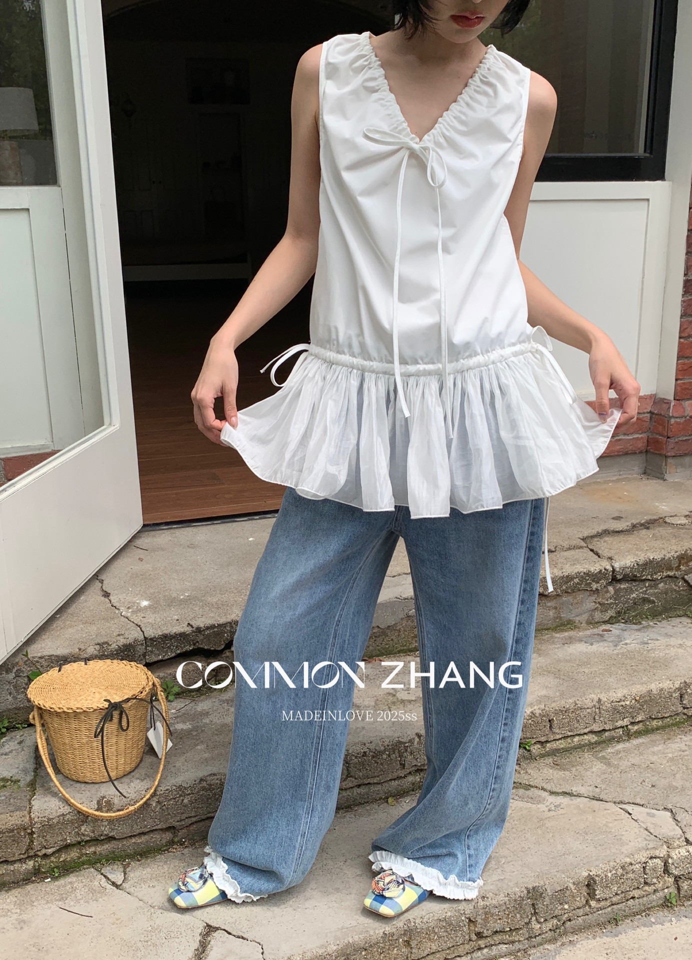 CZ ZHANG Summer French mint Manbo V-neck lace-up Youthful A-line puffed vest dress for women, B23782 pic 22