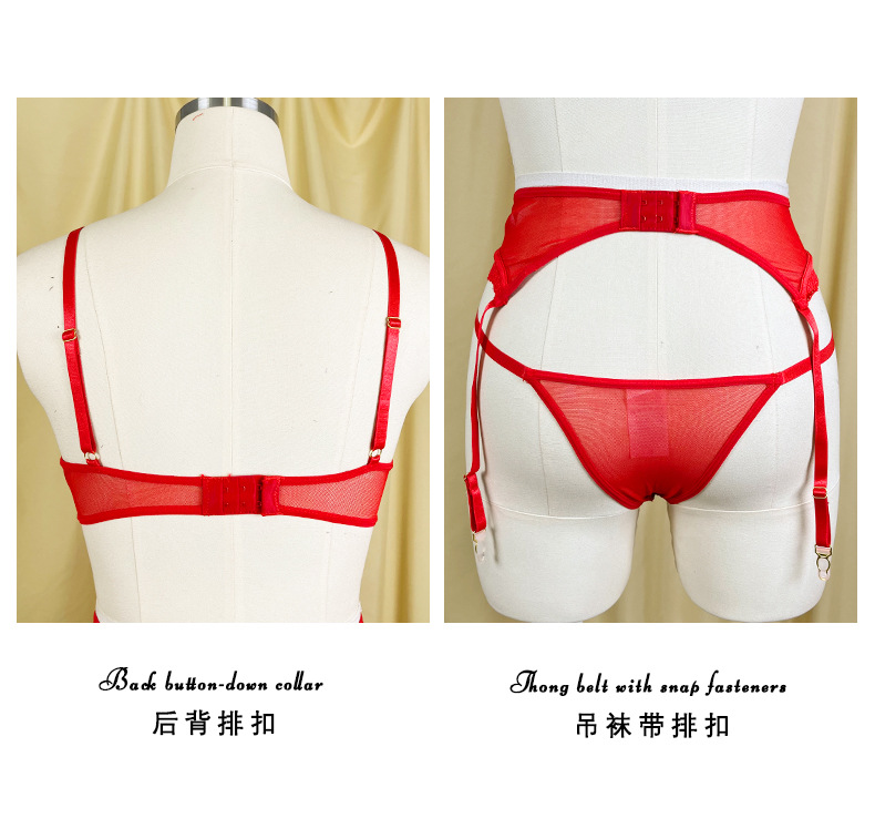 Red lace patchwork underwear three-piece set, memory soft steel ring sexy bra, underpants and garter set JR069 pic 8