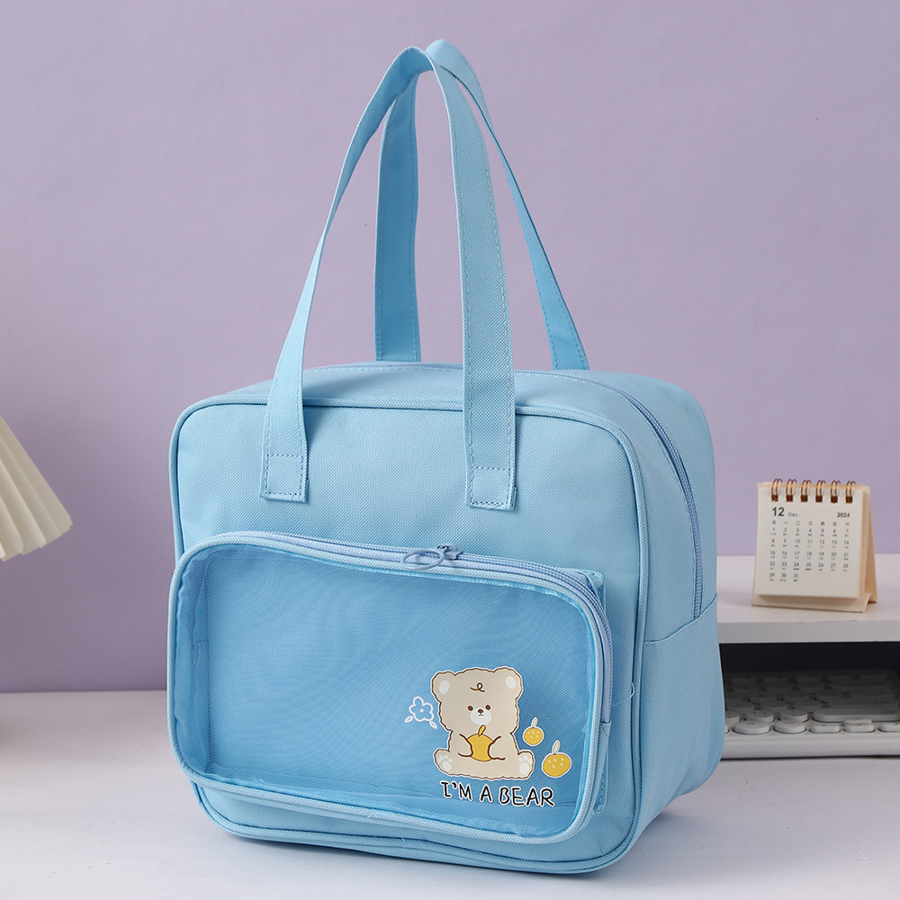 Light-colored cartoon bear printed student tutorial file bag, junior high school study handbag, tutorial Oxford cloth zipper bag pic 11
