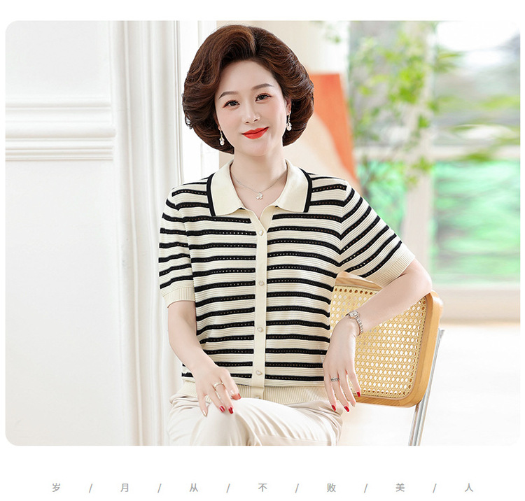 2024新款妈妈夏装短袖T恤中老年女冰丝条纹上衣洋气薄款小衫套装详情11