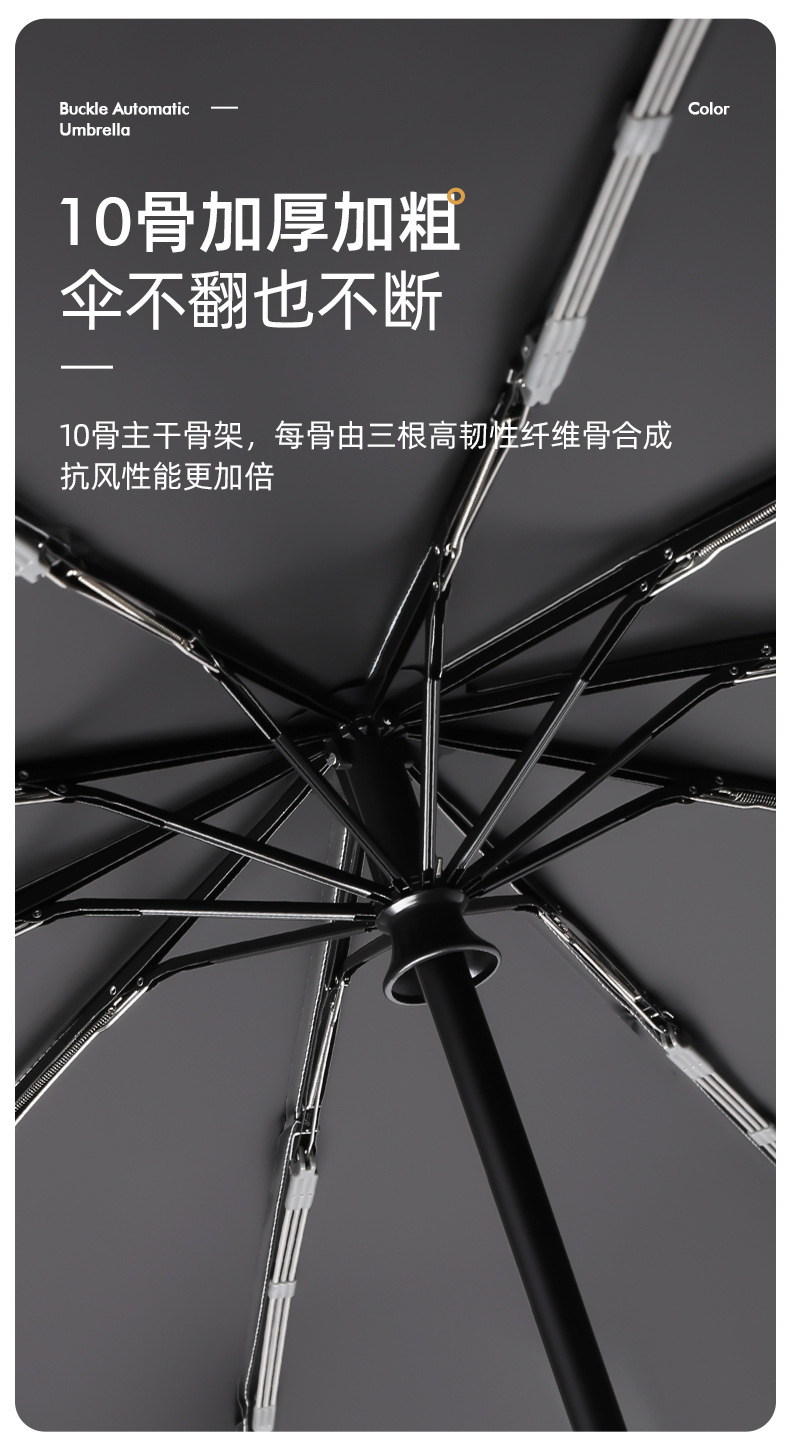 新款10骨黑胶防晒正向自动雨伞环扣手柄三折男士商务雨伞印logo详情23