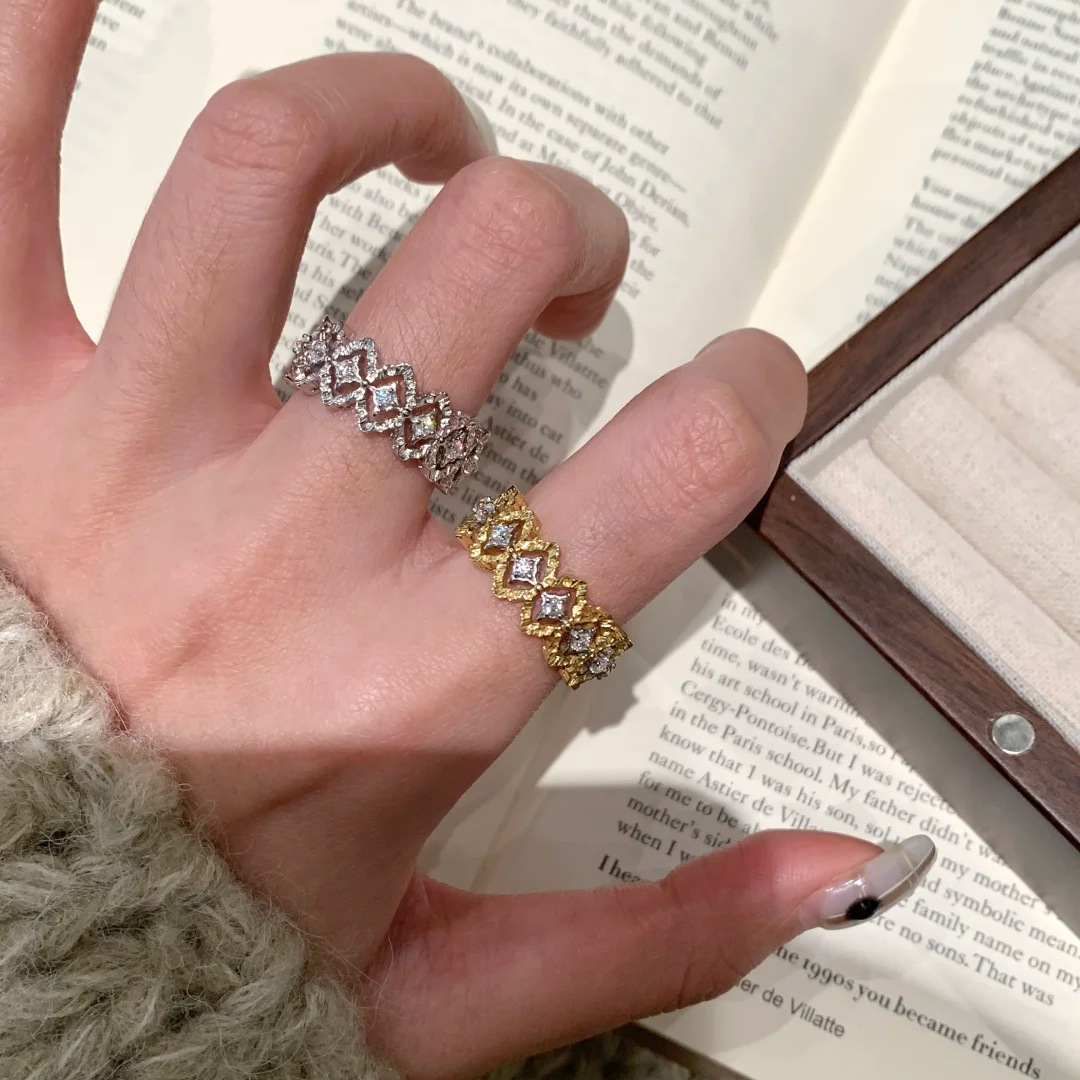 意大利布契风蕾丝花边戒指Vintage中古拉丝菱格镂空调金镶钻指环戒指饰品详情1