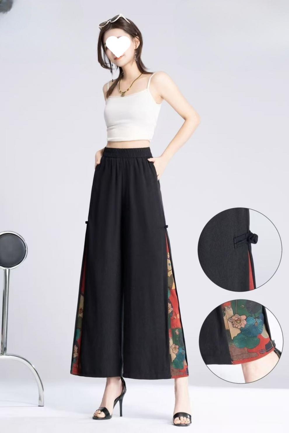 国潮【古风古韵阔腿裤】夏季新款中国风裙裤女高腰薄款绣花开叉阔腿裤详情10