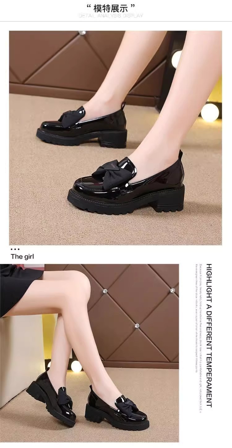 软皮春夏季新款乐福鞋漆皮蝴蝶结单鞋女粗跟厚底英伦风百搭小皮鞋详情2