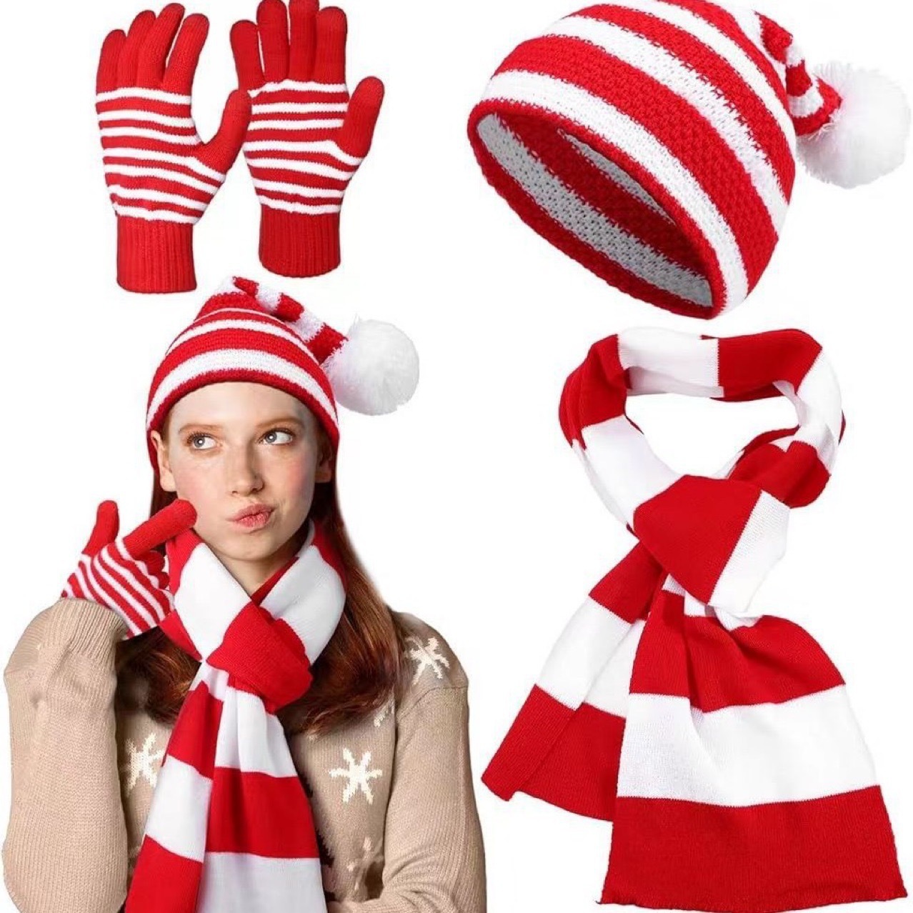 Kapi Korean-style three-piece set of hat, scarf, knitted scarf and cap, cute hooded for girls, warm winter Christmas gift pic 5