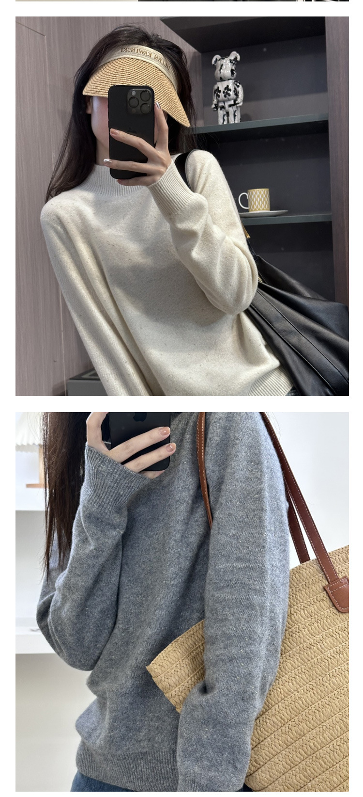 2024 Autumn/Winter seamless one-piece 100% wool knitted sweater for women, semi-high neck bright silk golden bean yarn sweater, wool sweater for women pic 9