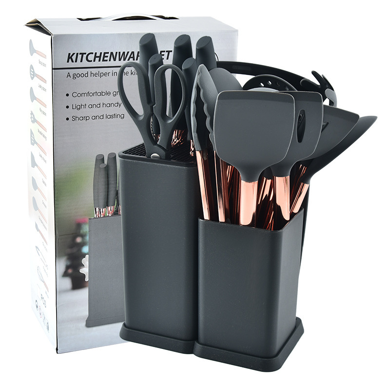 Kitchen knife set, silicone kitchenware, rose gold 18-piece set, cooking knife storage bucket, wooden handle silicone kitchenware set pic 22