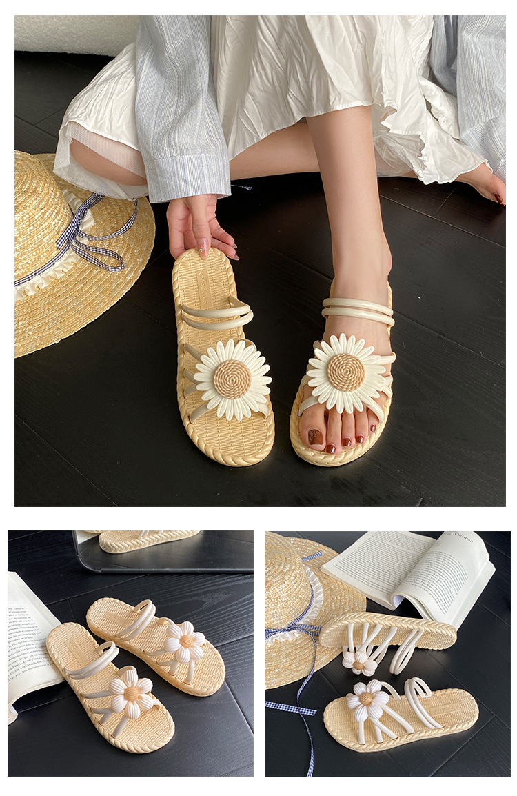 新款时尚花朵女鞋夏季草编拖鞋民族风罗马鞋沙滩一字拖两穿鞋凉鞋详情6