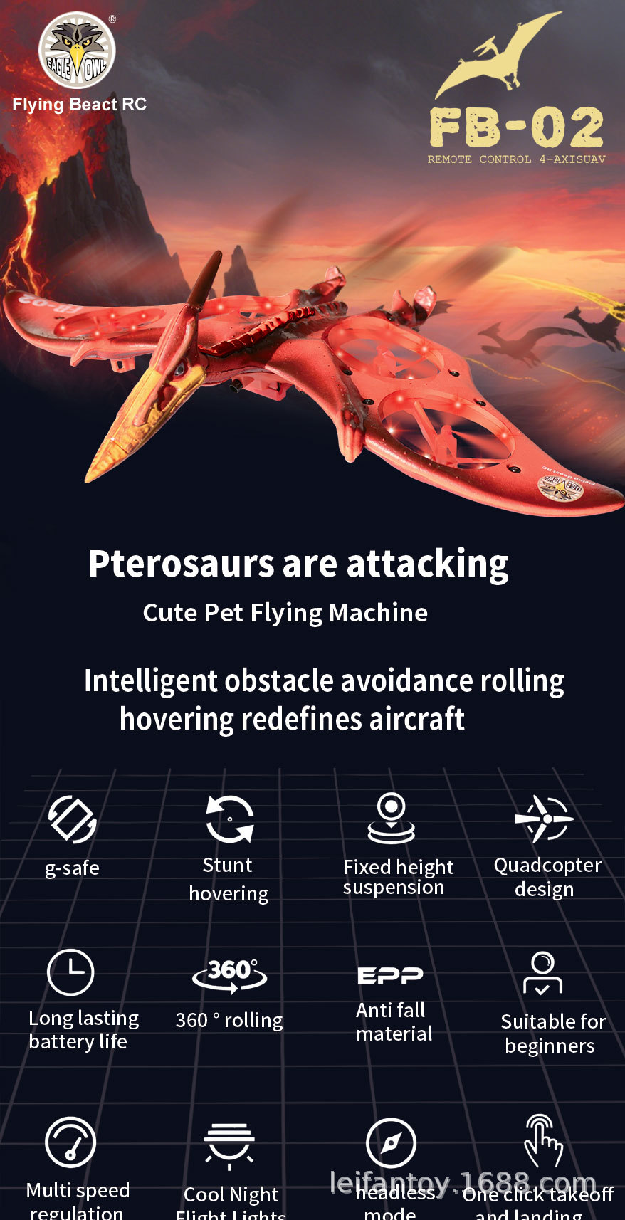 Cross-border foreign trade remote control aircraft, wing Loong fighter jet, dinosaur simulation, cool lights, quadcopter toy pic 1