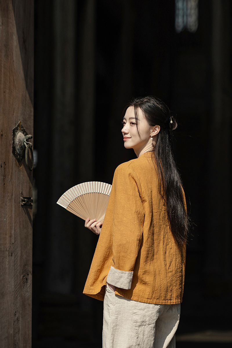 国潮中式棉麻女装拼色盘扣衬衫复古亚麻上衣茶服女禅意中山装国风开衫详情18