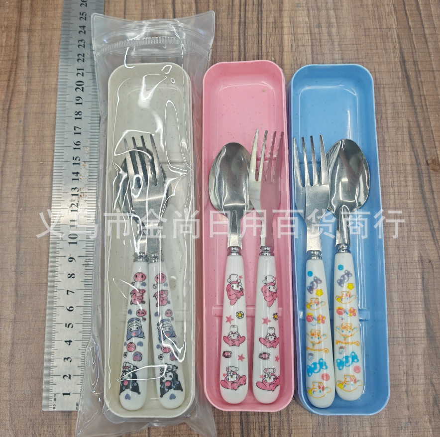 Three-piece cartoon plastic fork, knife and spoon set for students, adults, office workers and outdoor portable tableware storage box pic 10