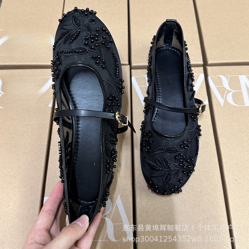 ZA新款白色刺绣珍珠网纱平底单鞋圆头芭蕾舞鞋女玛丽珍女鞋详情6