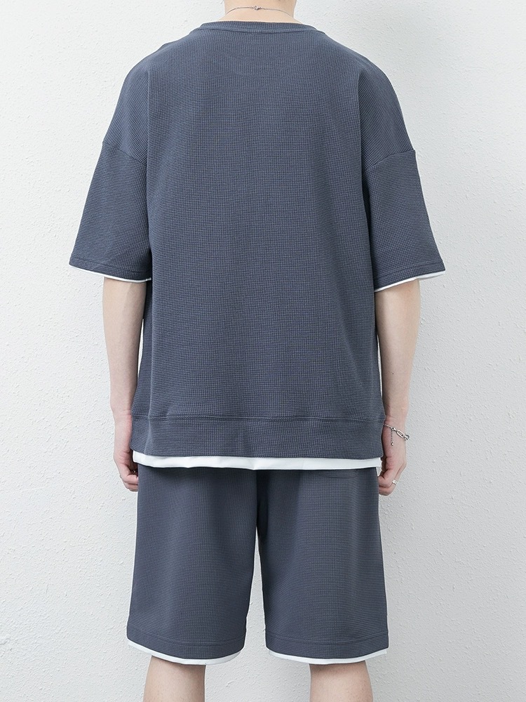 华夫格休闲套装男士夏季青少年大码男装运动短袖短裤搭配一套T恤详情3