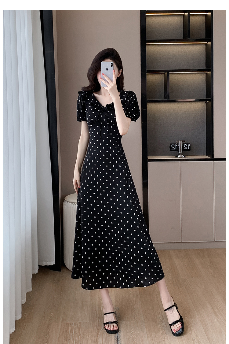 High-quality summer Korean-style sweet and slimming dress with lotus leaf collar, waist-cinching tie, puffed sleeves and jacquard polka dot pic 26