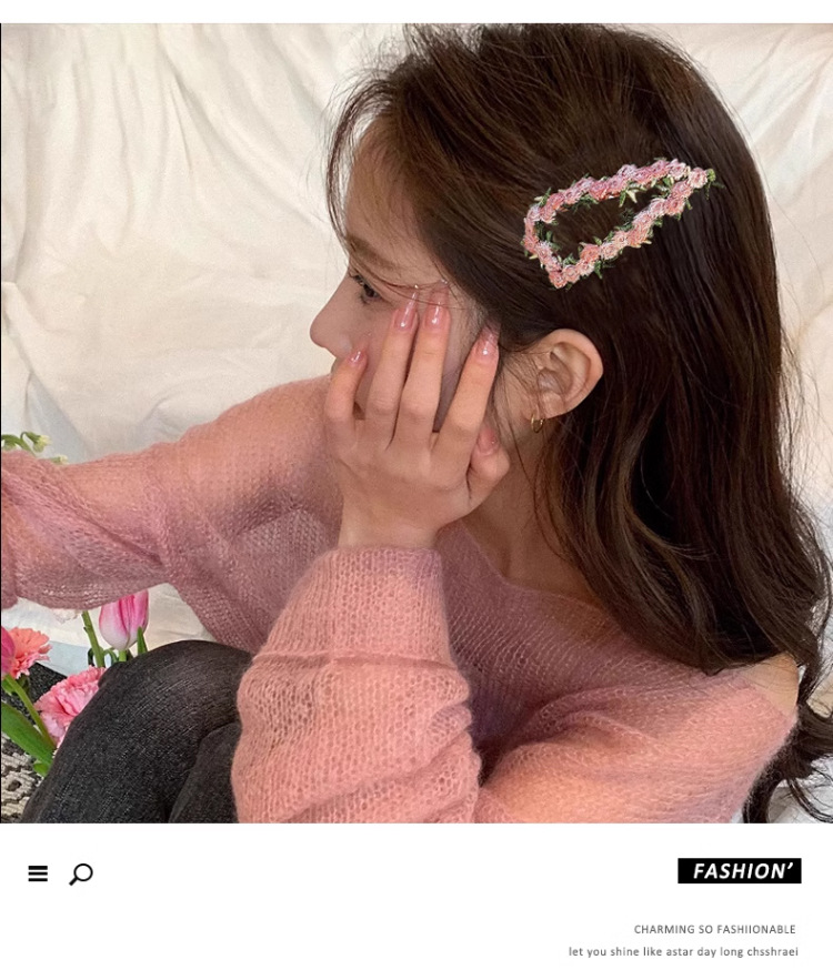高级感粉色花朵发夹女2025新款甜美爱心BB夹前额侧边刘海发卡头饰详情7