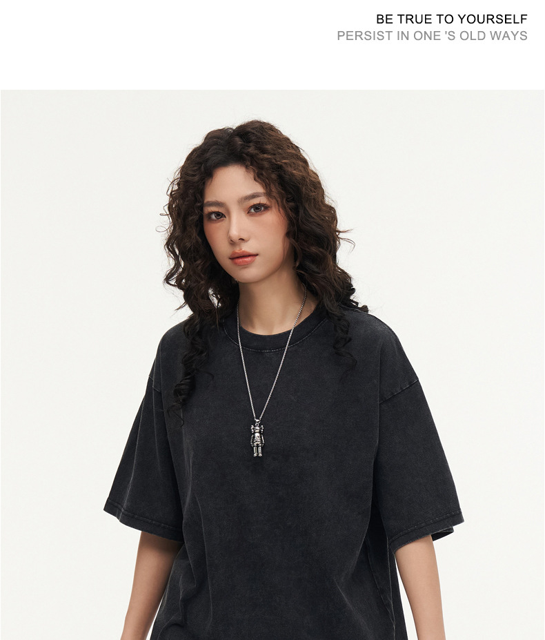 男士T恤230克酸洗炒雪花宽松做旧复古水洗短袖男纯棉t恤落肩欧码详情18