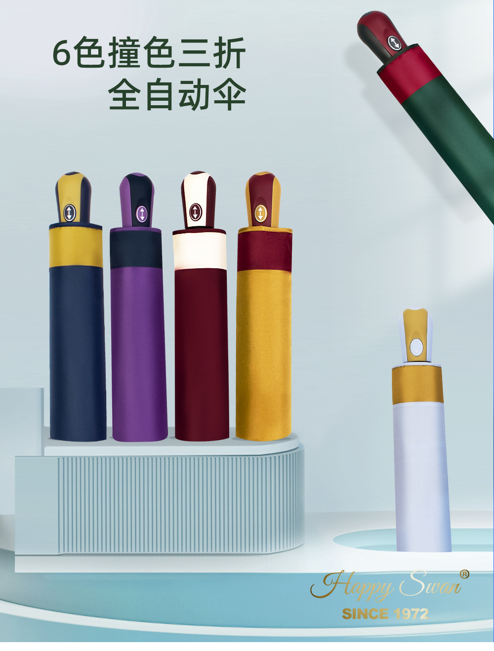 三折拼色伞全自动雨伞外贸现货可折叠21吋8骨单人伞批发详情4
