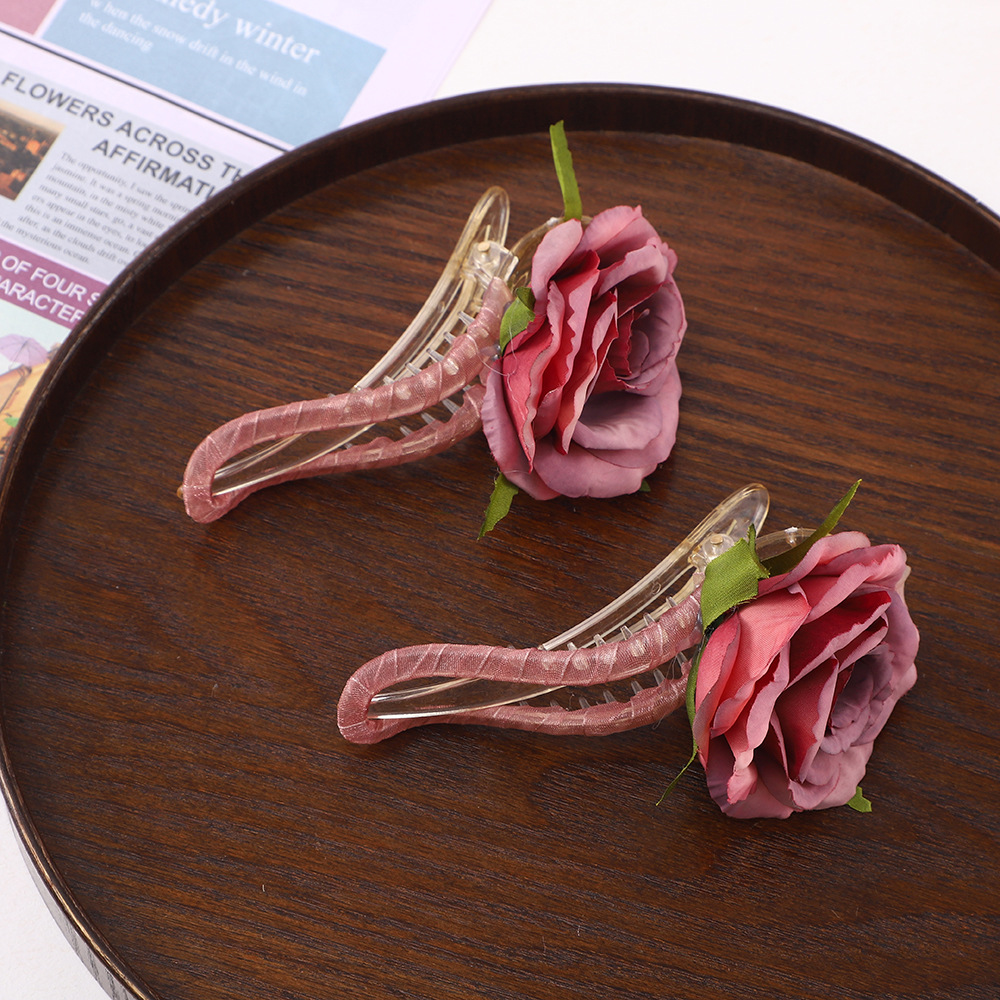 春夏新款仿真玫瑰花鸭嘴夹文艺氛围感配饰发夹半扎发甜美发饰头饰详情5