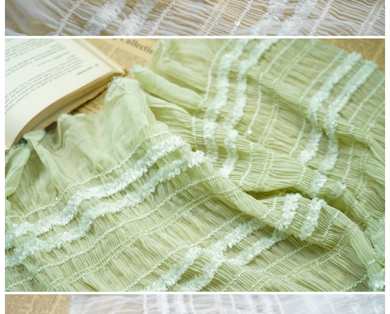 Summer new style chiffon striped crocheted black ear-trimmed pleated fabric multi-color fairy dress, wedding dress and evening gown fashion fabric pic 17