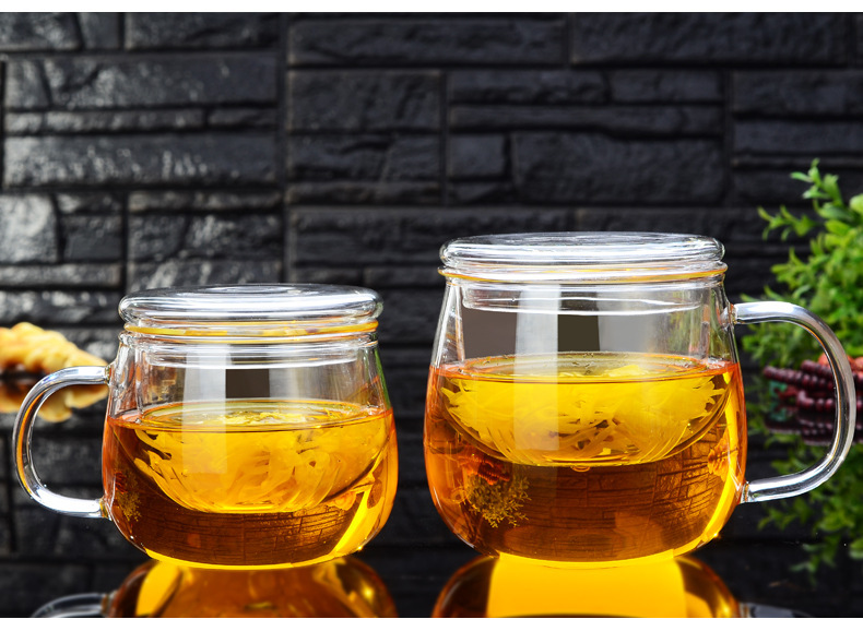 High borosilicate heat-resistant glass cups, covered filter water cups, flower tea cups, transparent round fun tea brewing cups, three-piece cups for office use pic 2