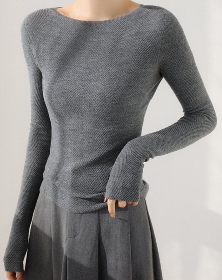 高端扬子纱无缝羊毛肌理感修身内搭女2025春圆领叠穿打底毛衣灰色详情1