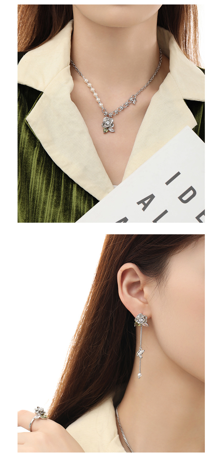 925 Silver Needle Green Leaf Rose Earrings with a Light luxury and high-end Feel for Autumn and Winter 2024 New Style, heart-shaped Zircon earrings pic 13