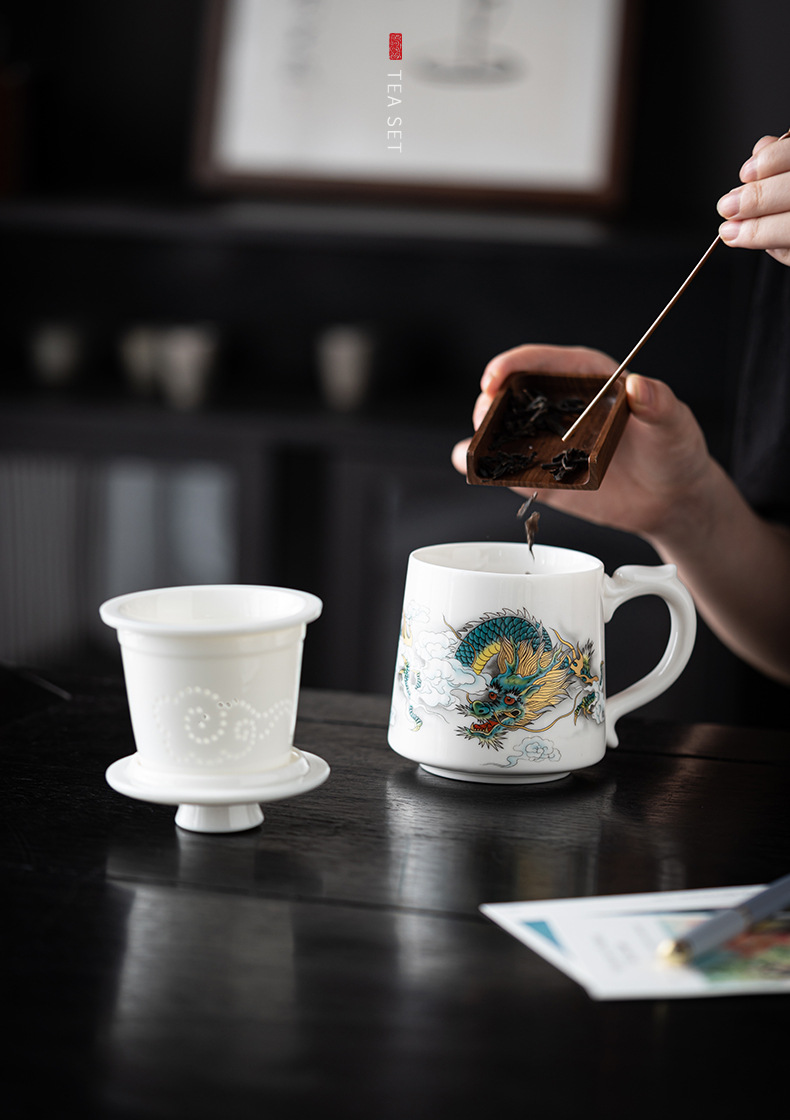 羊脂玉办公杯书房茶杯茶水分离白瓷马克杯水杯大容量陶瓷杯子过滤详情11