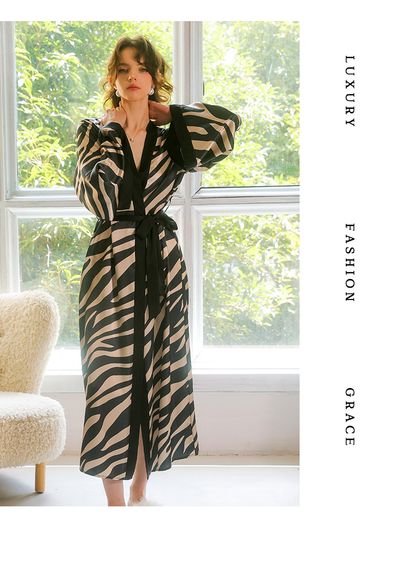 Feiyun French Silk lace-up Long Light Luxury Home wear, French retro zebra print long-sleeved bathrobe for women, 211 pic 9