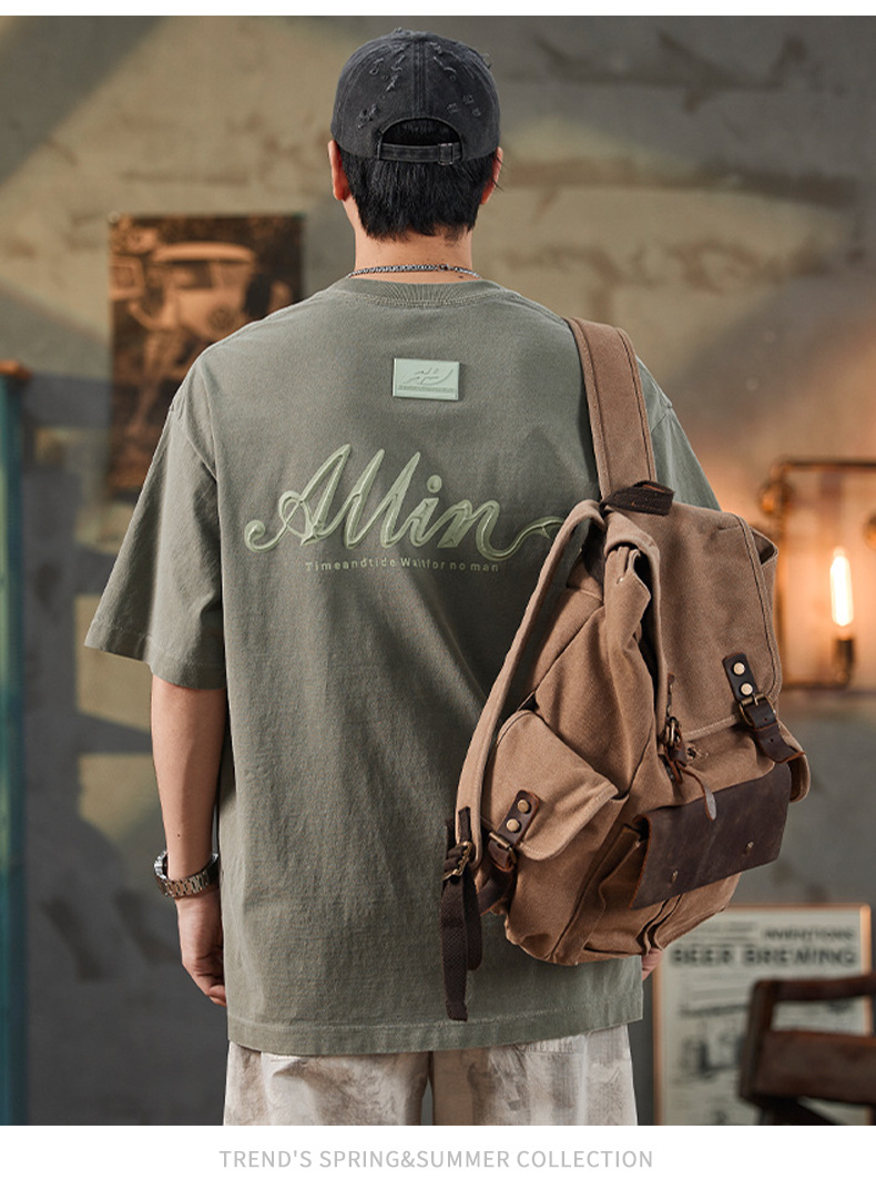 ALLIN pure cotton heavy-duty short-sleeved T-shirt for men, a summer trendy brand with three-dimensional printed letters and loose round-neck couple tops pic 42