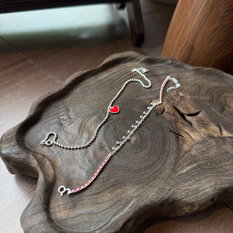 925纯银红色爱心脚链女日韩国简约手工圆珠脚镯学生闺蜜配饰详情6