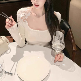 Pink feather cotton blended knitted sweater base layer for women, new Spring 2025 lace long-sleeved top pic 14