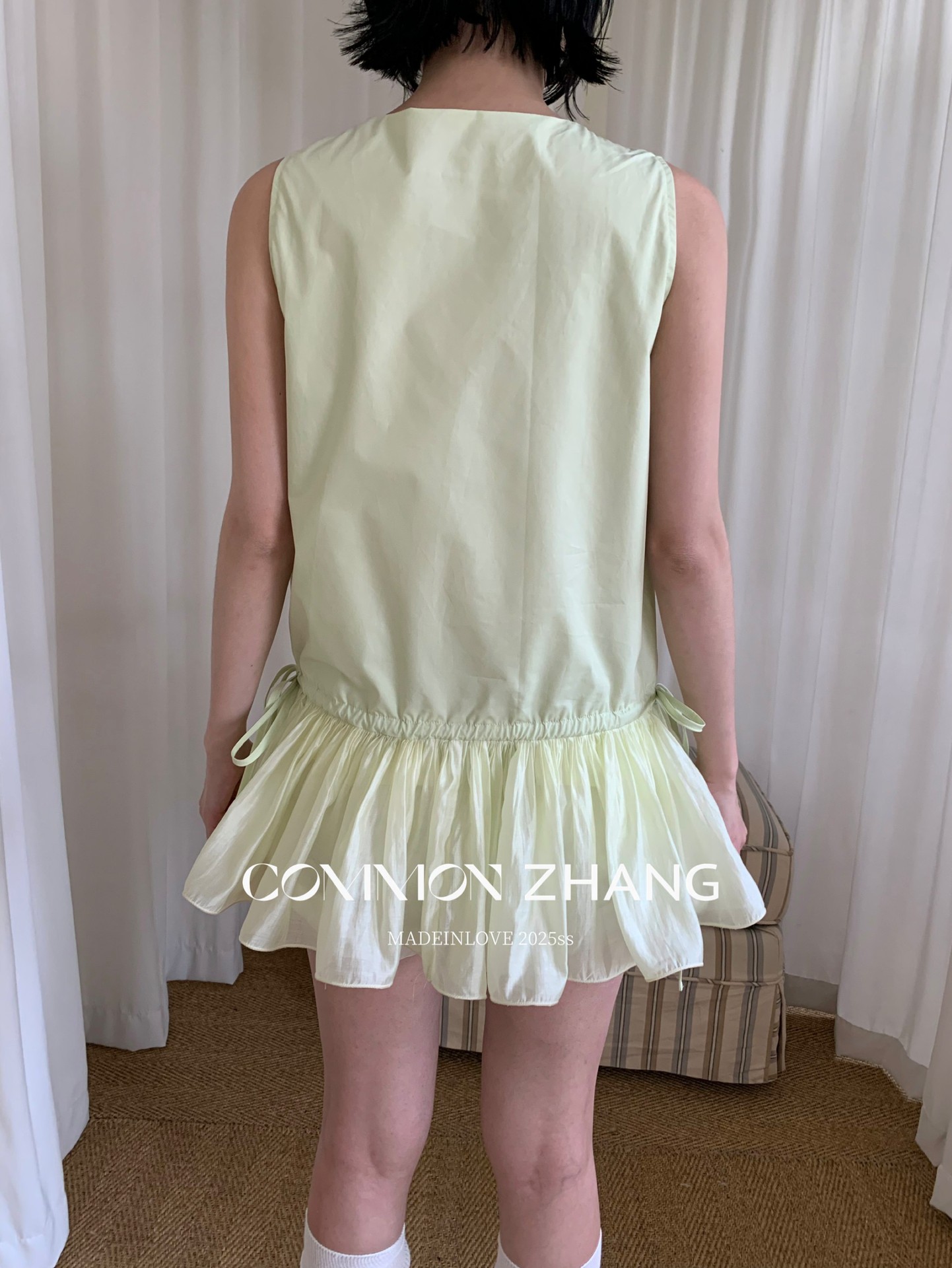 CZ ZHANG Summer French mint Manbo V-neck lace-up Youthful A-line puffed vest dress for women, B23782 pic 18