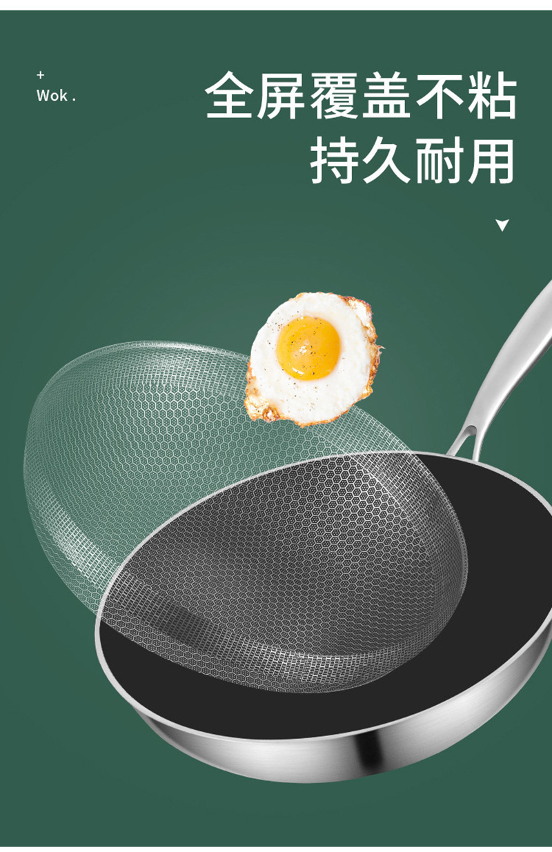 不锈钢家用炒锅蜂窝不粘锅炒菜锅电磁炉燃气灶专用锅具平底详情14