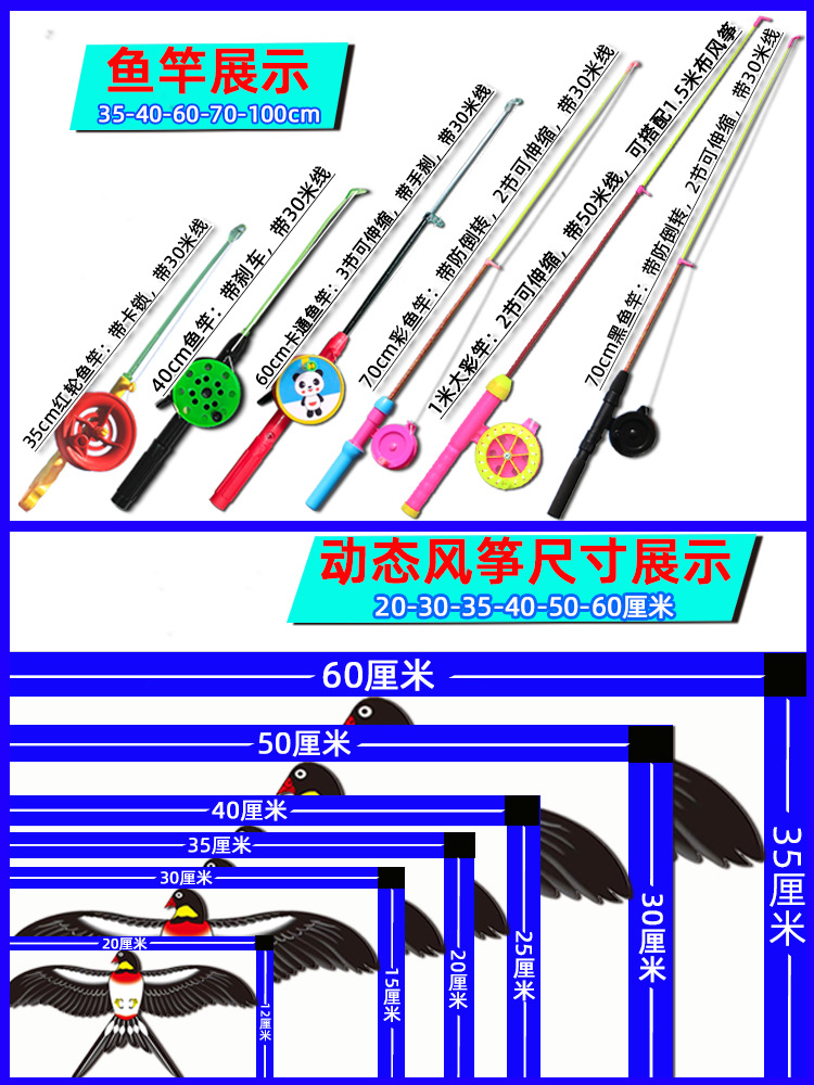 潍坊鸿运鱼竿风筝卡通儿童动态风筝微型塑料玩具鹦鹉老鹰燕子风筝详情4