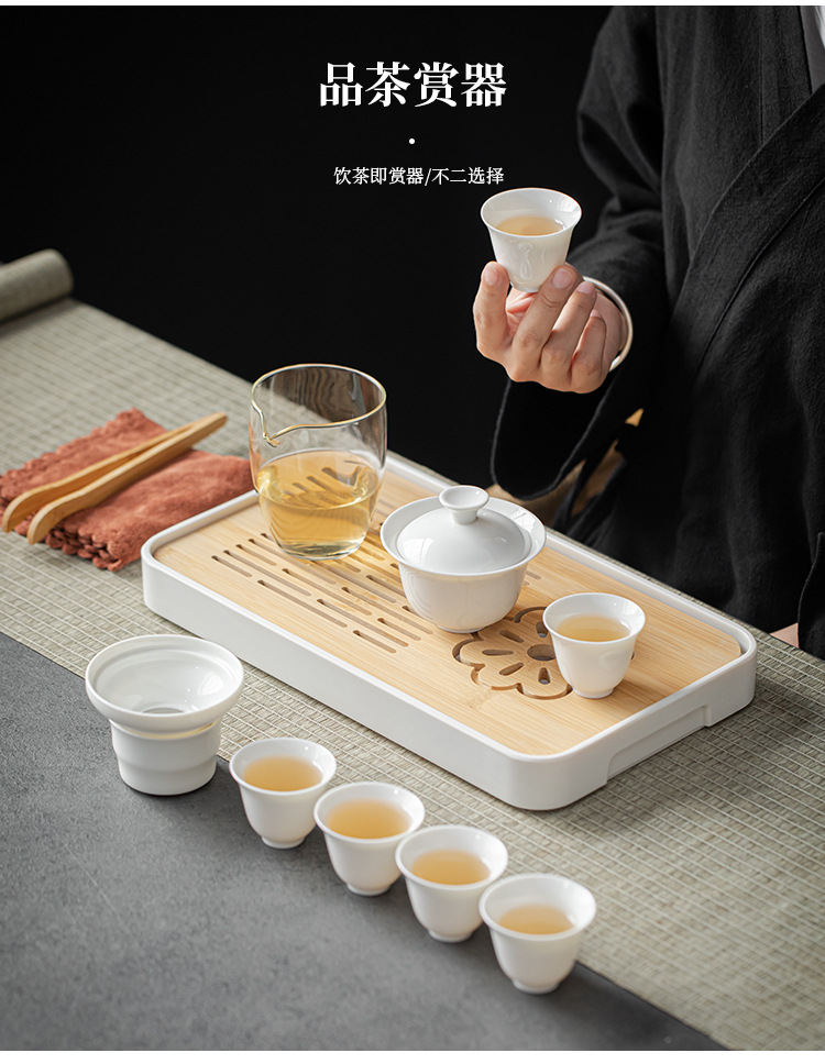 Dehua White Porcelain Kung Fu Travel Tea Set Company Annual Meeting Gift printed covered bowl Tea Cup with tea tray small set pic 13