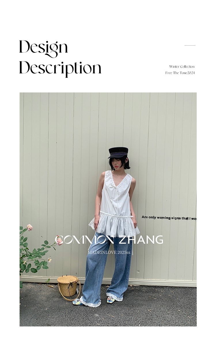 CZ ZHANG Summer French mint Manbo V-neck lace-up Youthful A-line puffed vest dress for women, B23782 pic 2