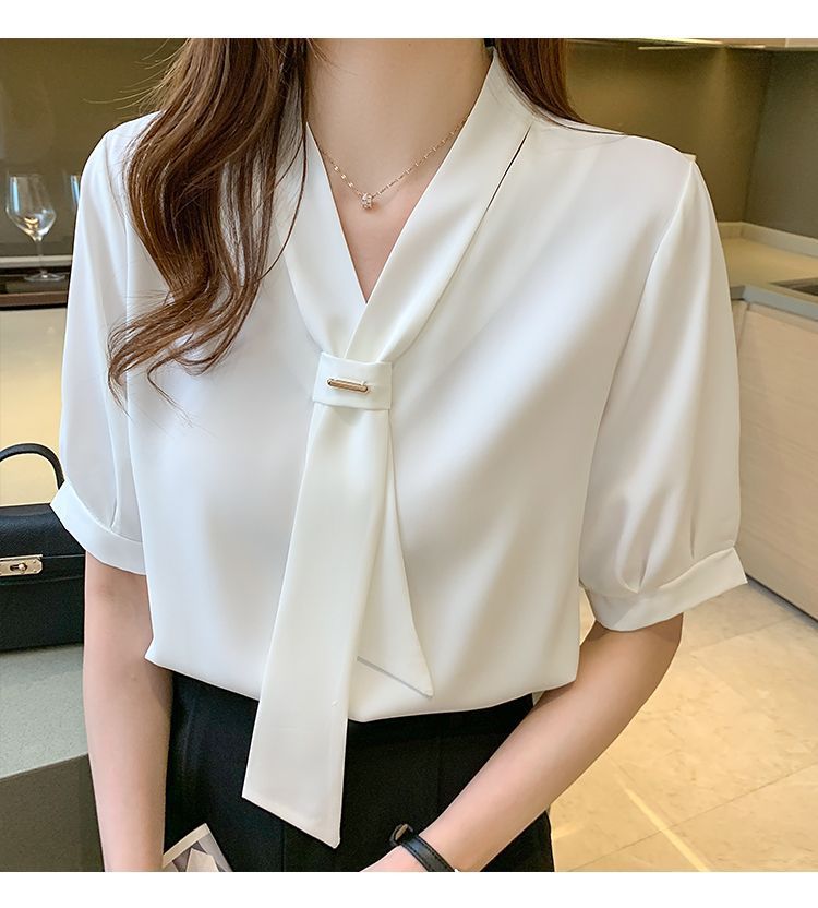 夏季短袖衬衫女装2024夏季新款气质蝴蝶结职业白领工作服短袖衬衣1详情10