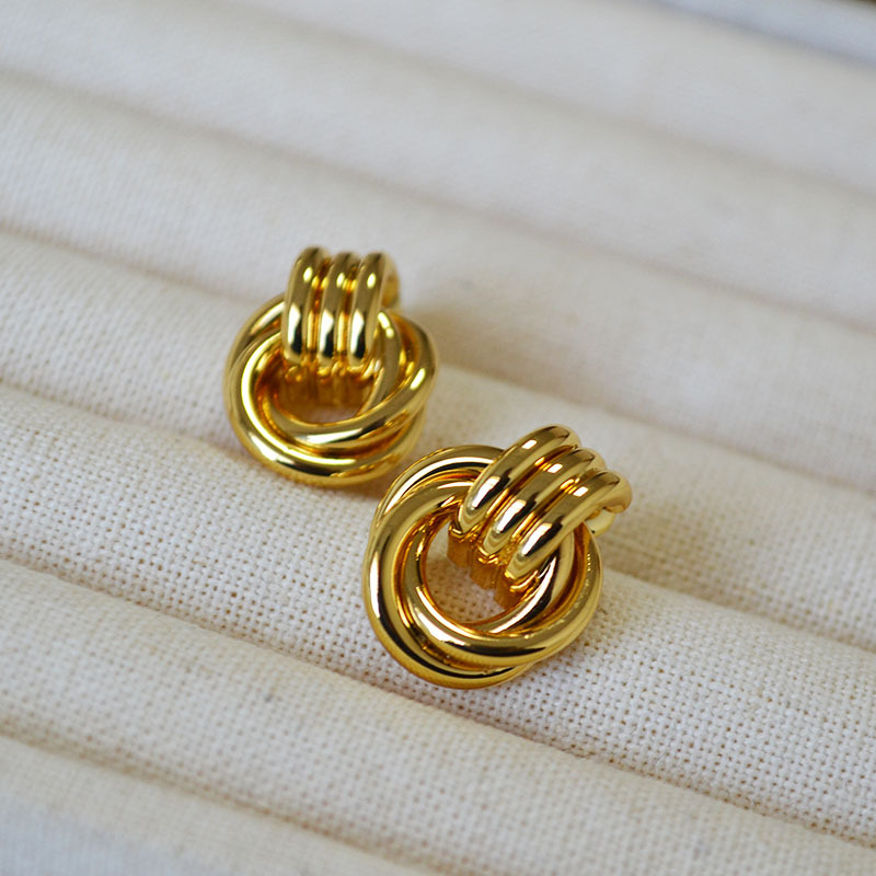 日韩小众设计简约缠绕双环线条黄铜镀金925银针个性气质耳钉耳饰详情5
