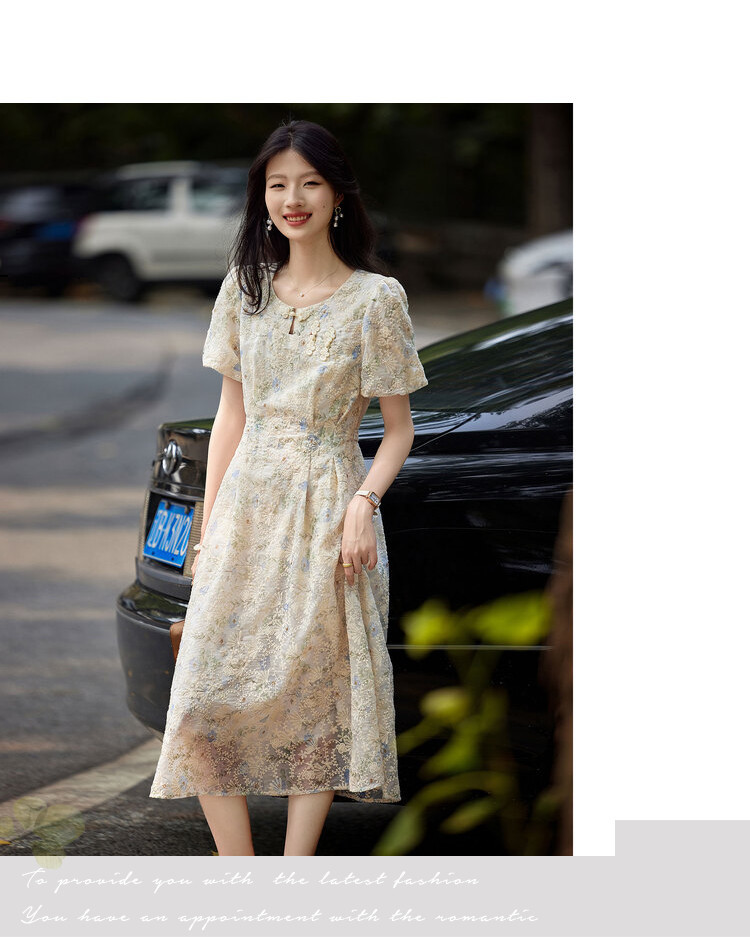 Summer round-neck, waist-cinching, slimming, gentle and elegant dress, French floral short-sleeved dress for women pic 10