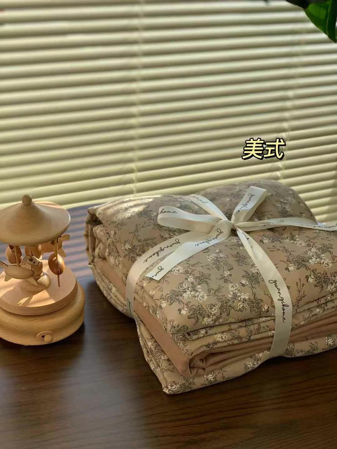 A set of three or four pieces with fresh small floral print double-layer yarn, pure cotton soft naked sleeping quilt cover and cartoon bedding pic 58