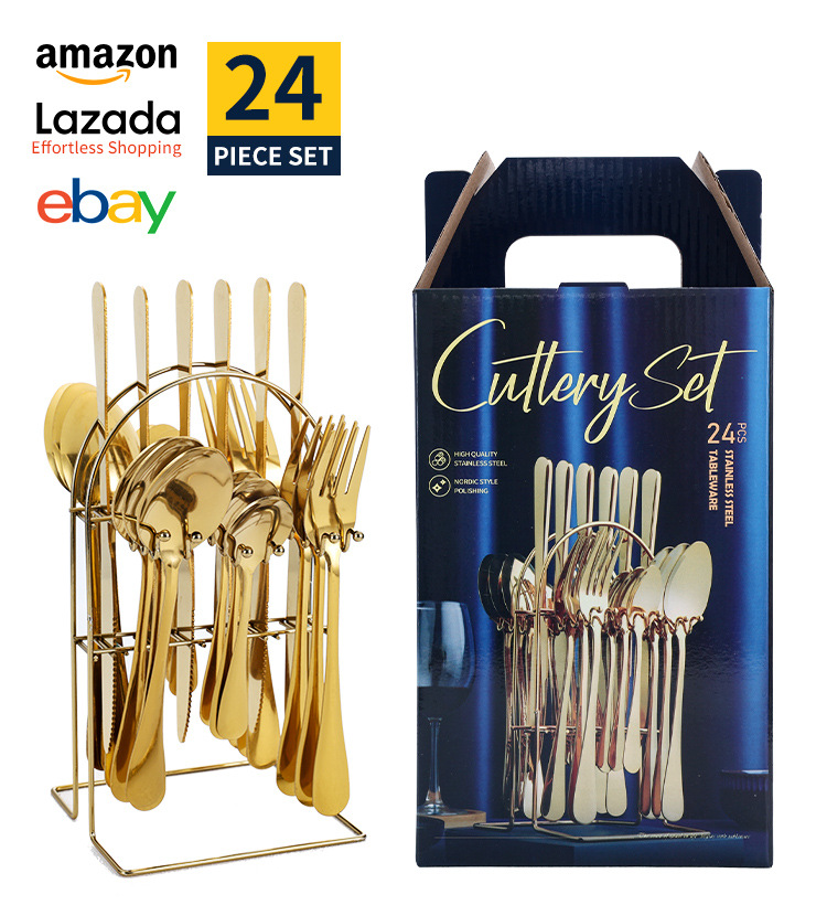Cross-border 410 stainless steel knife, fork and spoon box set, golden gift box set, high appearance level, 24-piece set, Western tableware four-piece set pic 12