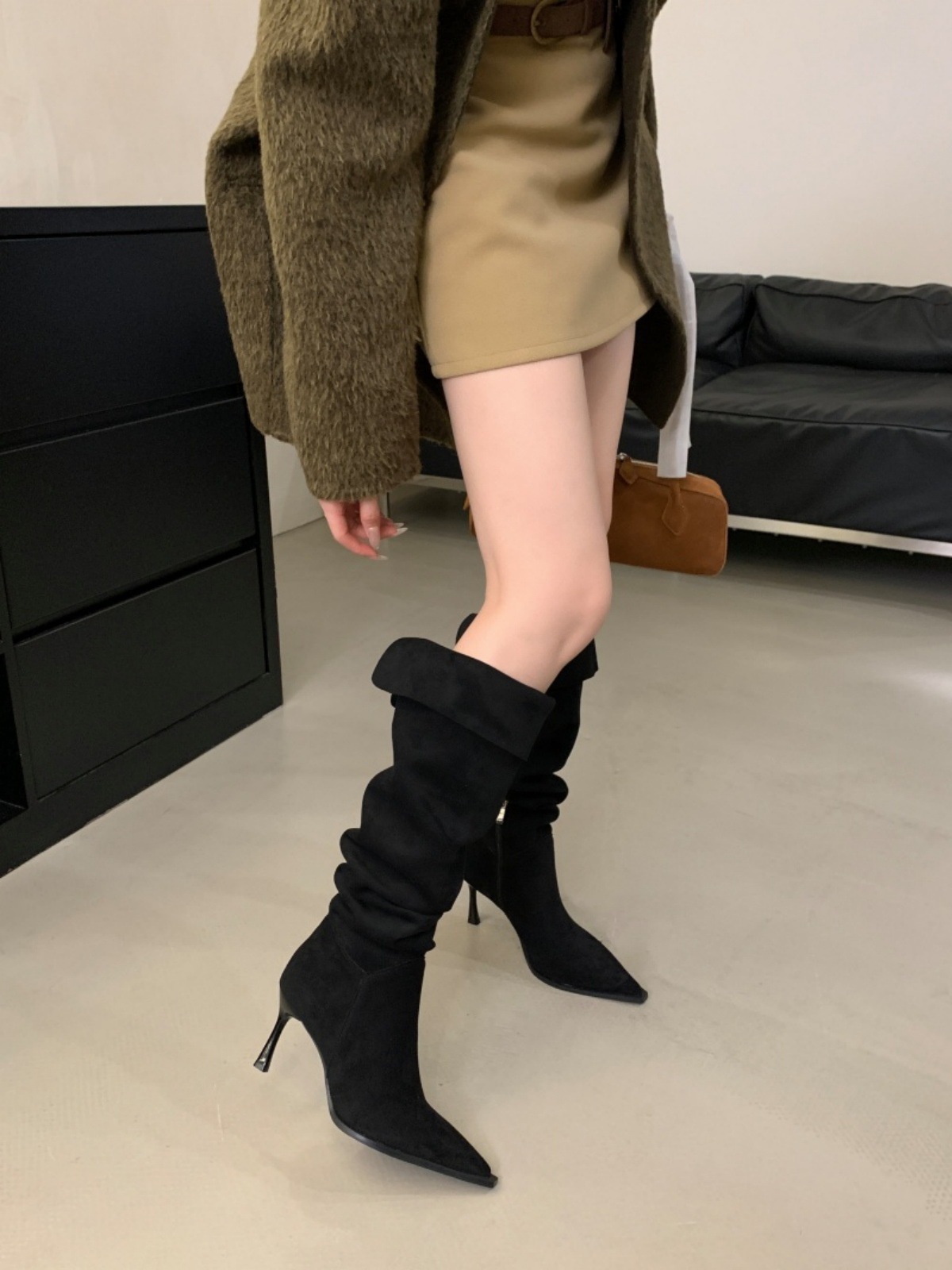 法式一靴多穿高细跟尖头堆堆过膝靴女春秋款侧拉链复古瘦瘦过膝靴详情25