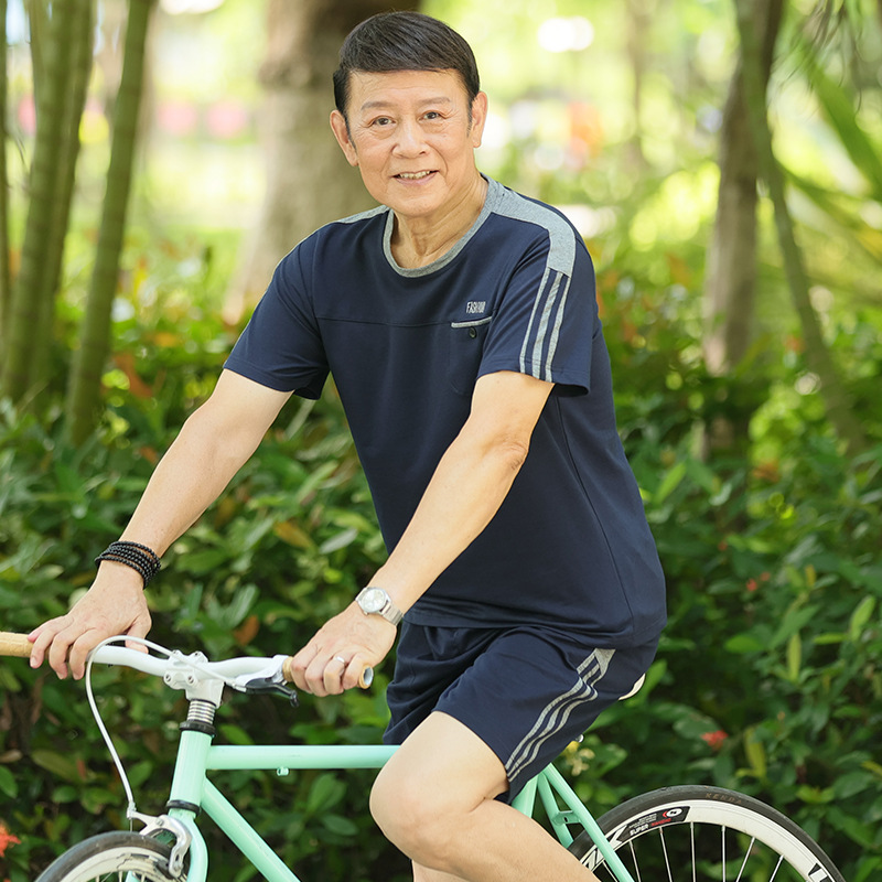夏季中老年圆领宽松爸爸装短袖棉T恤运动套装男老人薄款衣服批发详情19