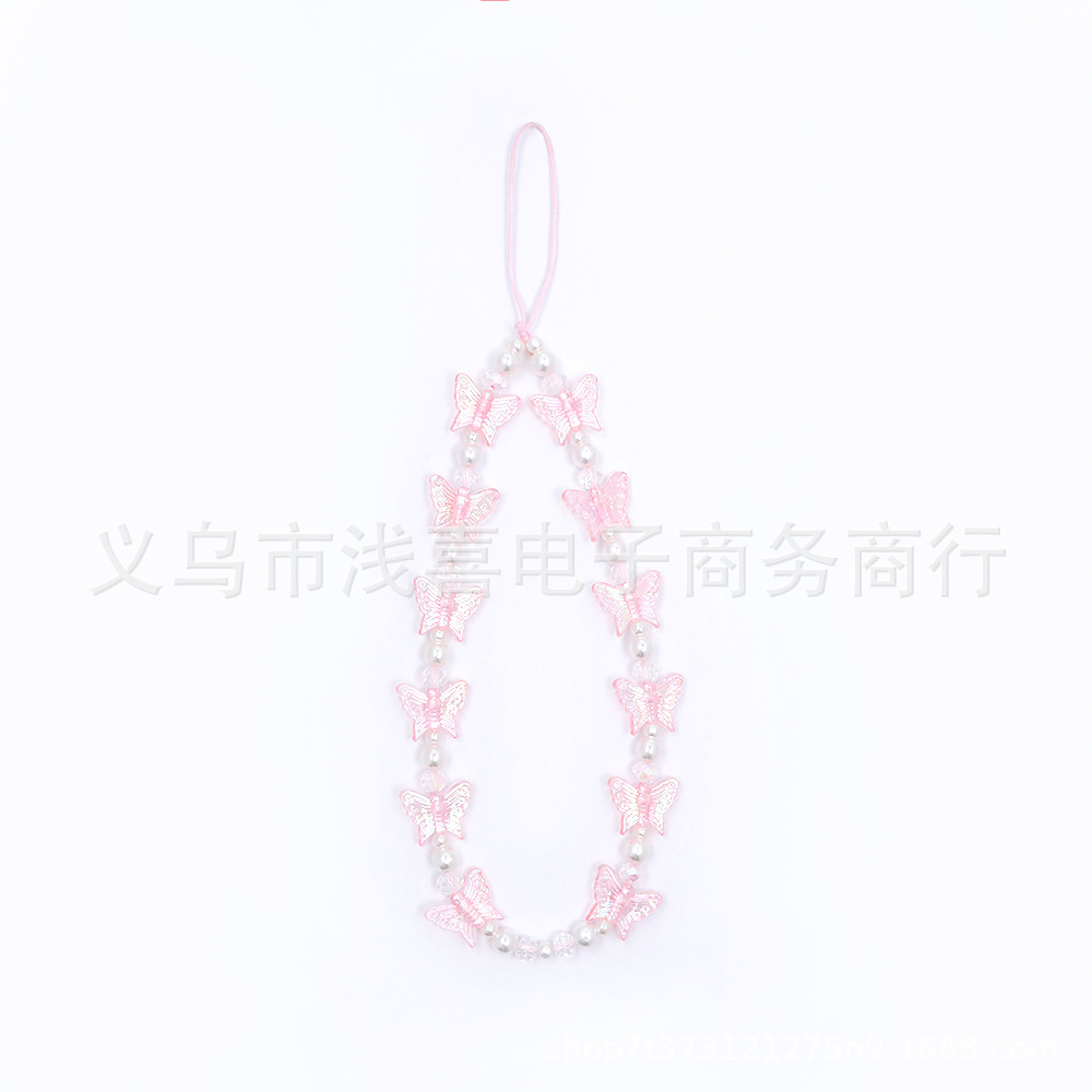 Amazon mobile phone chain crystal pearl butterfly mobile phone pendant, diy handmade beaded resin mobile phone lanyard for women pic 4