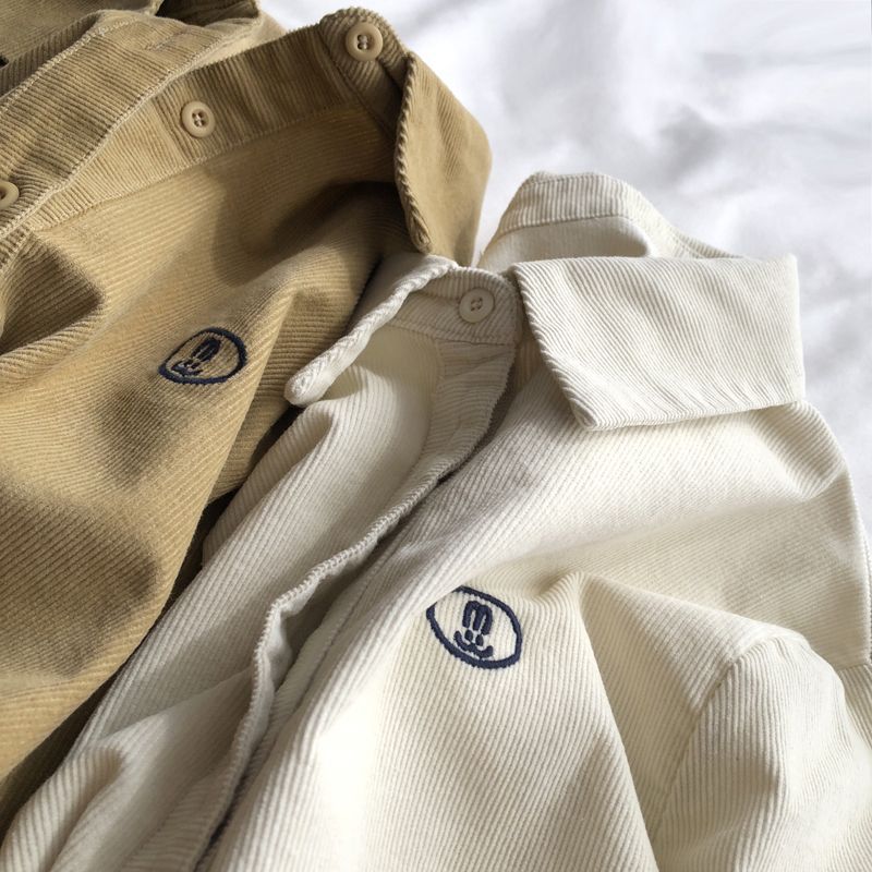 韩版小刺绣灯芯绒正肩长袖衬衫女翻领百搭叠穿衬衣秋冬小个子上衣详情9