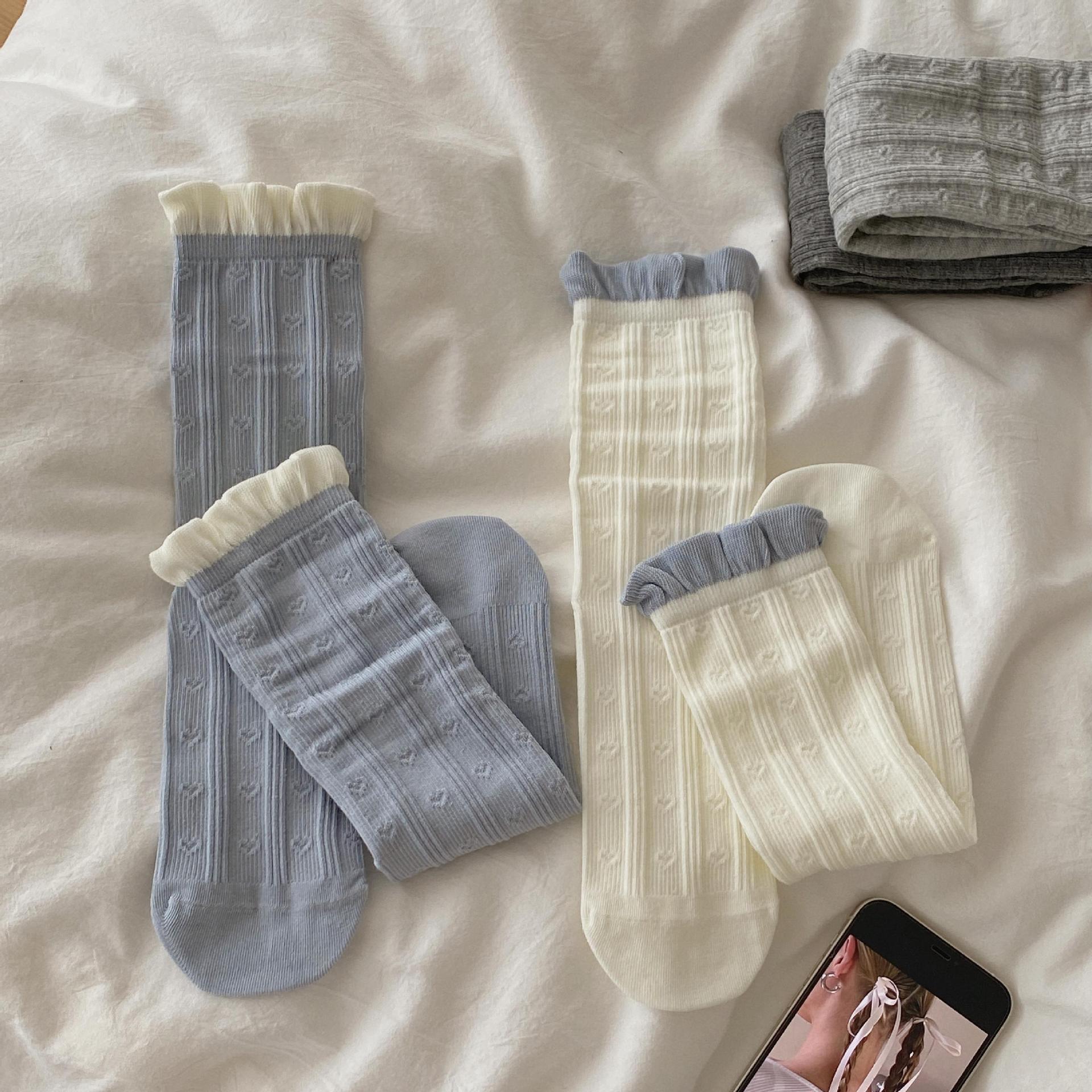 Autumn and winter new straight socks, Japanese-style color-blocking pure cotton lace mid-calf socks, Korean-style MIU-style boneless pile socks for women pic 7