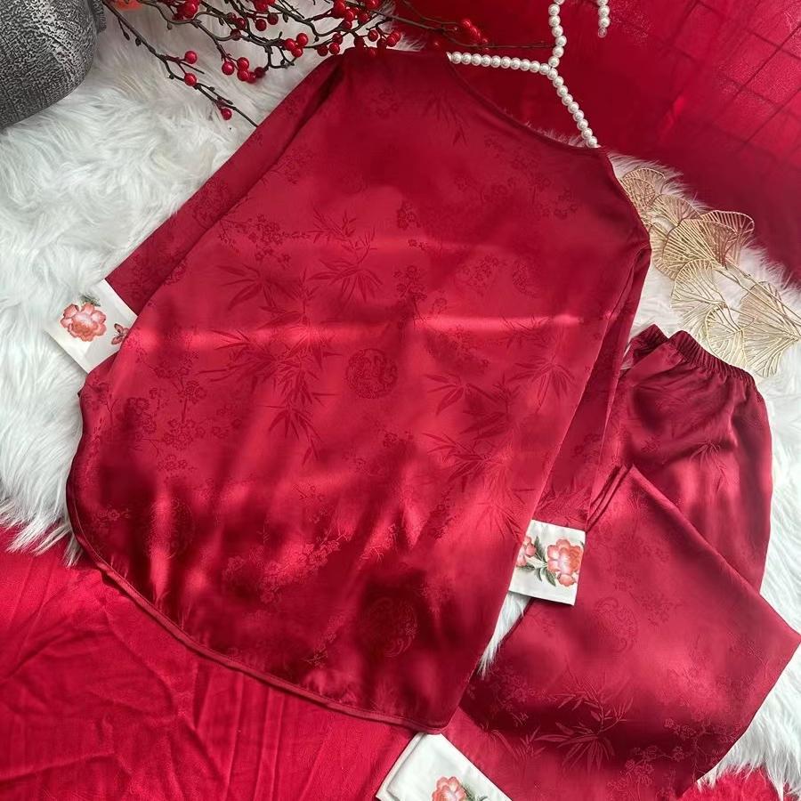 National Trend [Chest Cushion Style] Pajama story Chinese ice Silk Home Wear Long-sleeved Chinese style retro Mom Dress pic 4