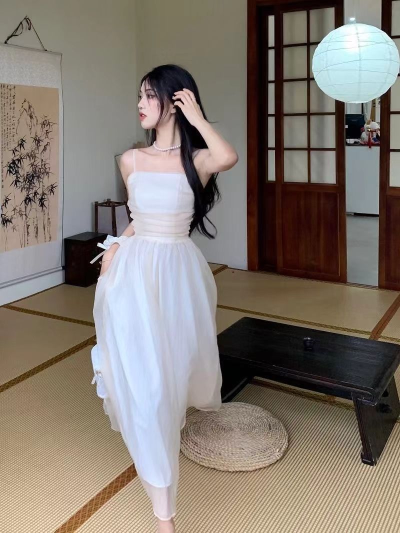 女装法式白色吊带长裙夏新款2024气质收腰显瘦纯色礼服超仙连衣裙详情22