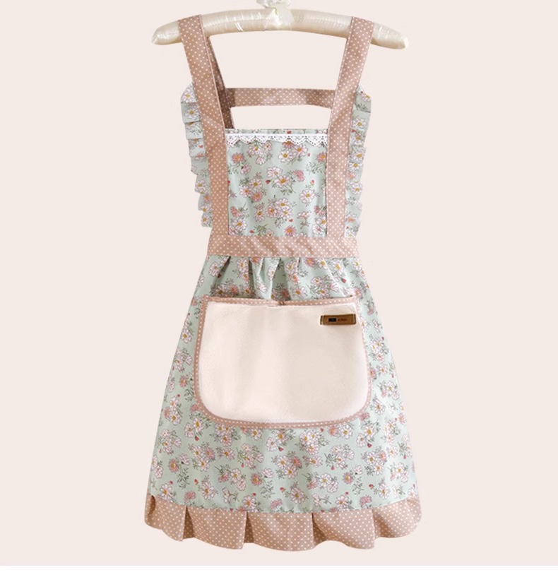 Princess apron for women, hand-drying, back buckle, household oil-resistant, sleeved fabric, special waist pocket for catering pic 9